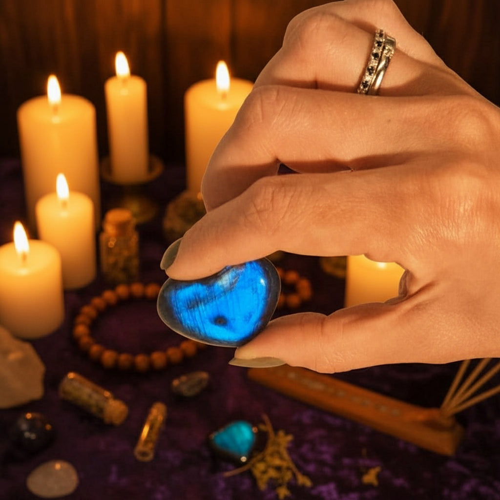 Polished Madagascar Labradorite heart stone with iridescent flash, approximately 40 mm in size.