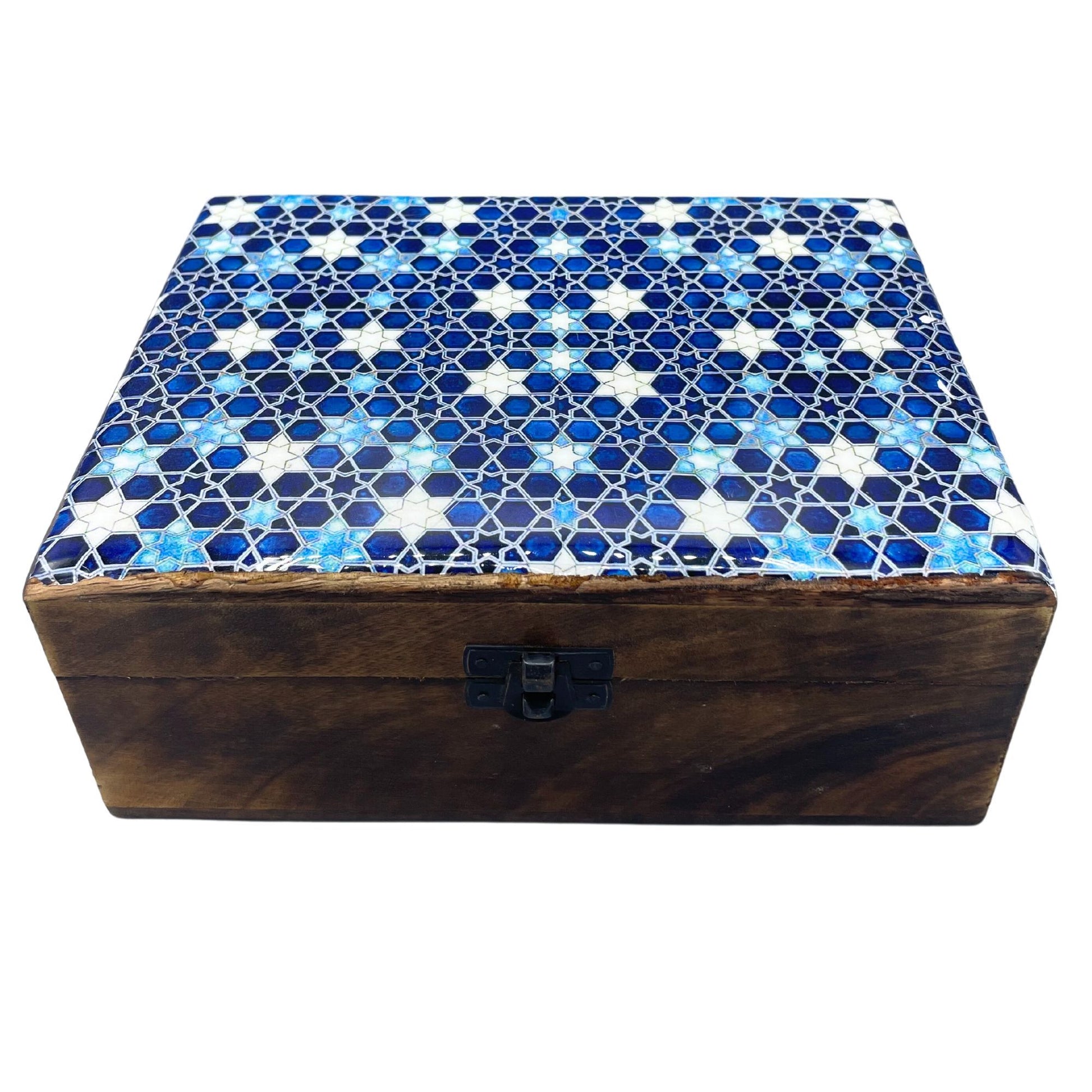 Large Ceramic Glazed Wood Box – Blue Stars | Protection, Mystery & Celestial Craft | 1