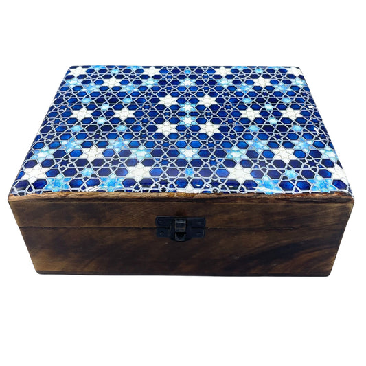 Large Ceramic Glazed Wood Box – Blue Stars | Protection, Mystery & Celestial Craft | 1