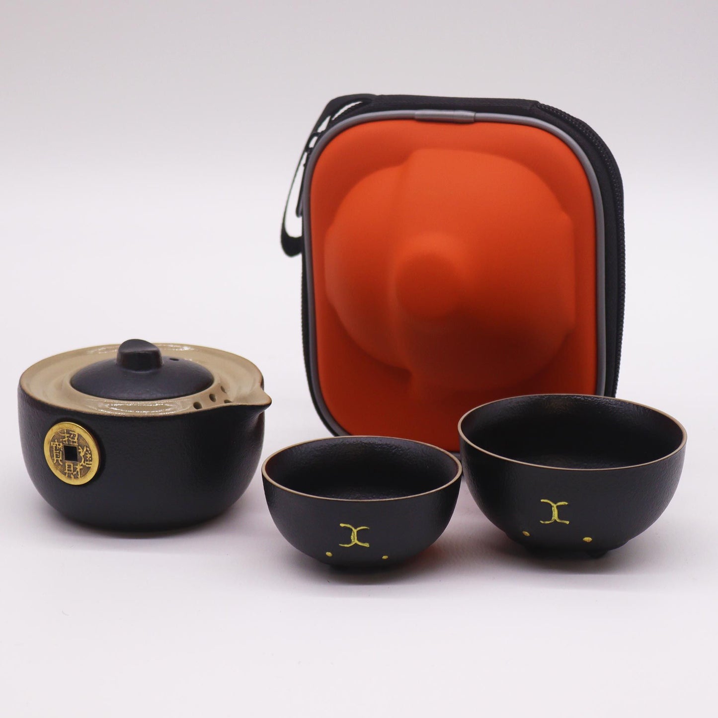 Money Cat Teapot Set with Two Cups & Travel Case – Black | Gift of Fortune & Fellowship | 3