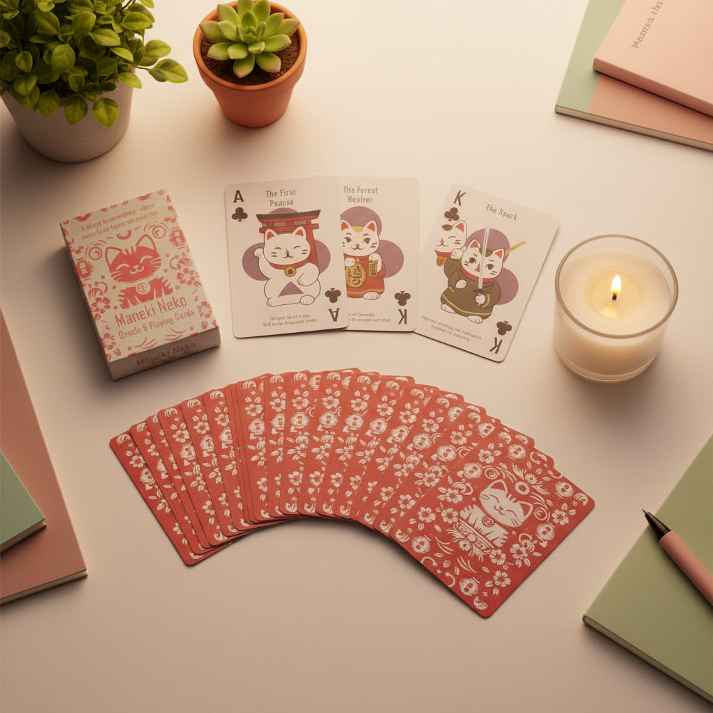 Maneki Neko themed 54 card oracle and playing card deck with pastel illustrations and matching box.