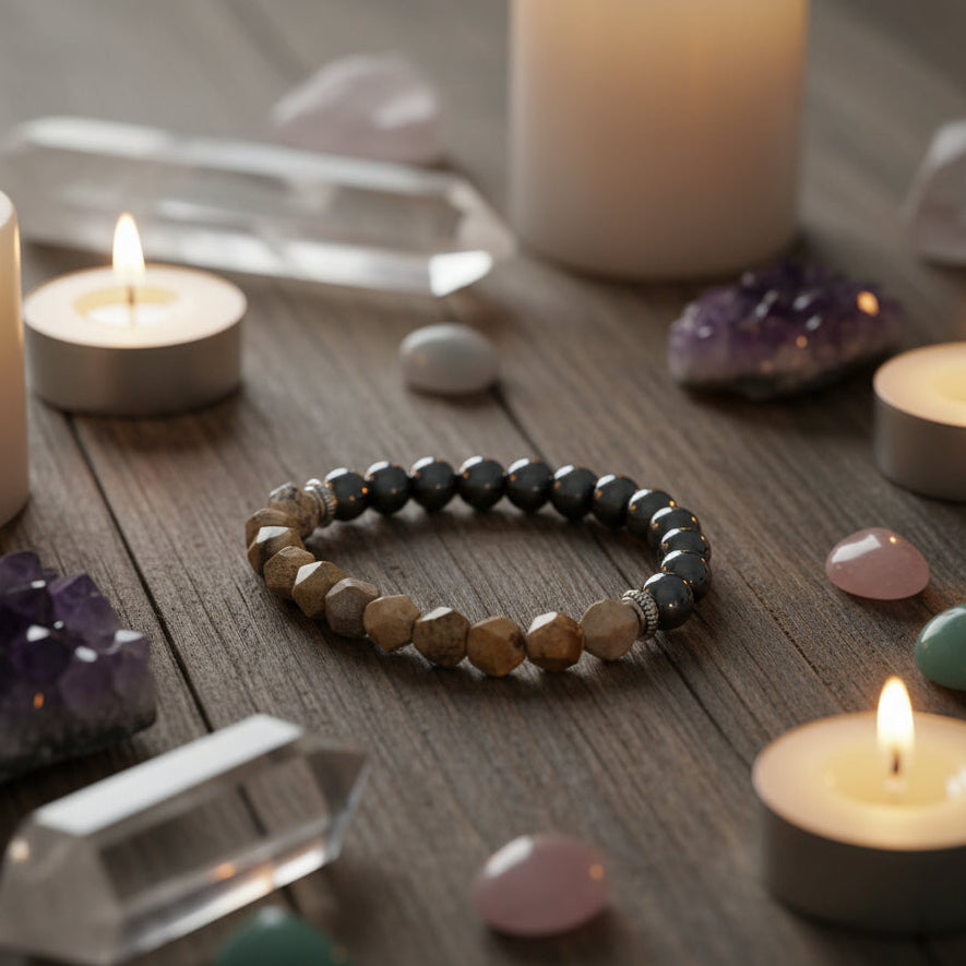 Faceted Picture Jasper and Magnetic Hematite Bracelet from Rise & Sage – Grounding, Strength & Steady Energy
