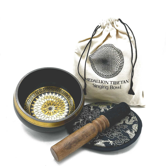 Hand Beaten and Engraved Singing Bowl Gift Set from Rise & Sage – 14 cm, Round Medallions
