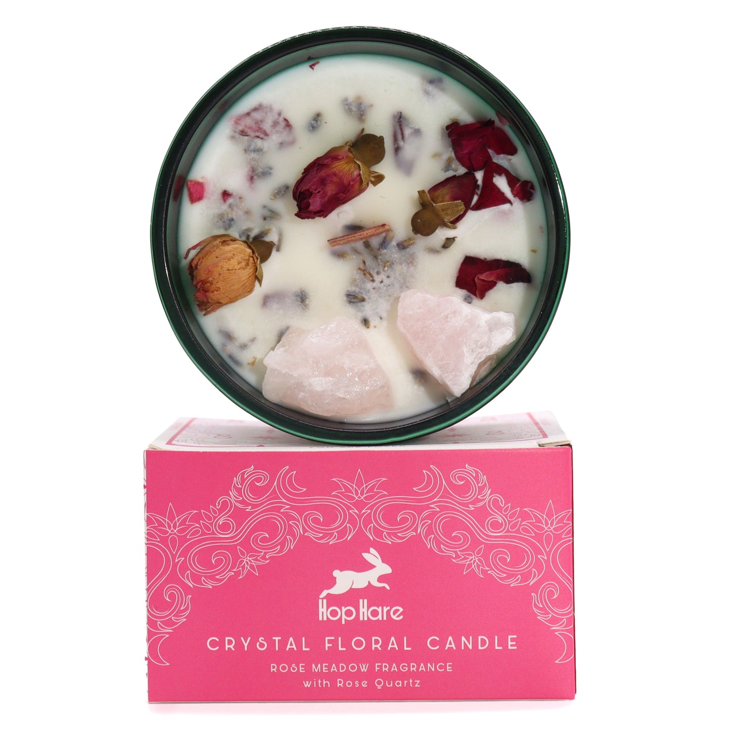 Hop Hare Crystal Magic Flower Candle – The Lovers | Rose Quartz & Rose Meadow | 1