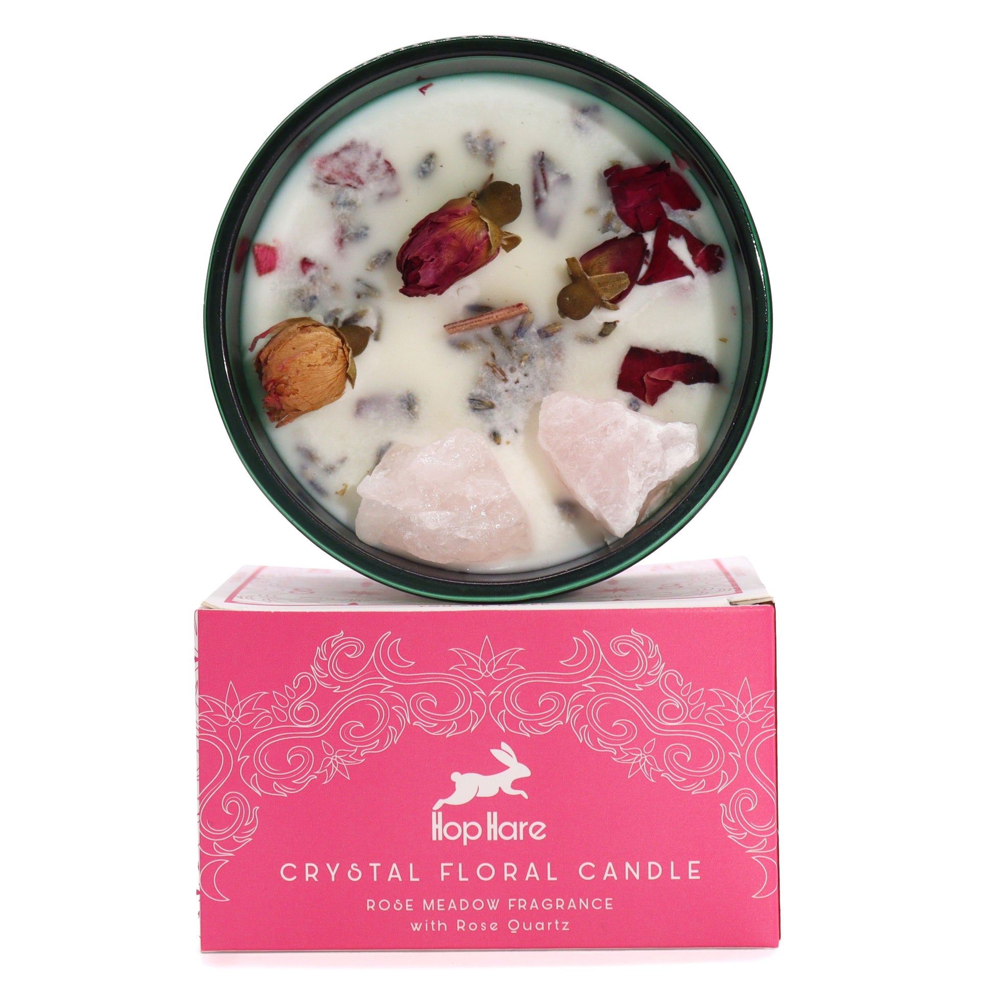 Hop Hare Crystal Magic Flower Candle – The Lovers | Rose Quartz & Rose Meadow | 1