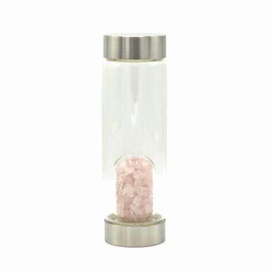 Crystal Infused Glass Water Bottle | Rejuvenating Rose Quartz | Crystal Chips | 1
