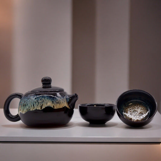 Herbal Black Glaze Teapot Set with Two Cups | Gift of Grounding & Grace | 1