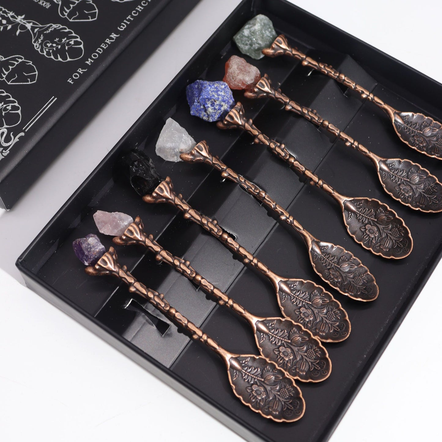 Set of 7 Bronze Gemstone Witch Spoons | Ritual & Intention | 1