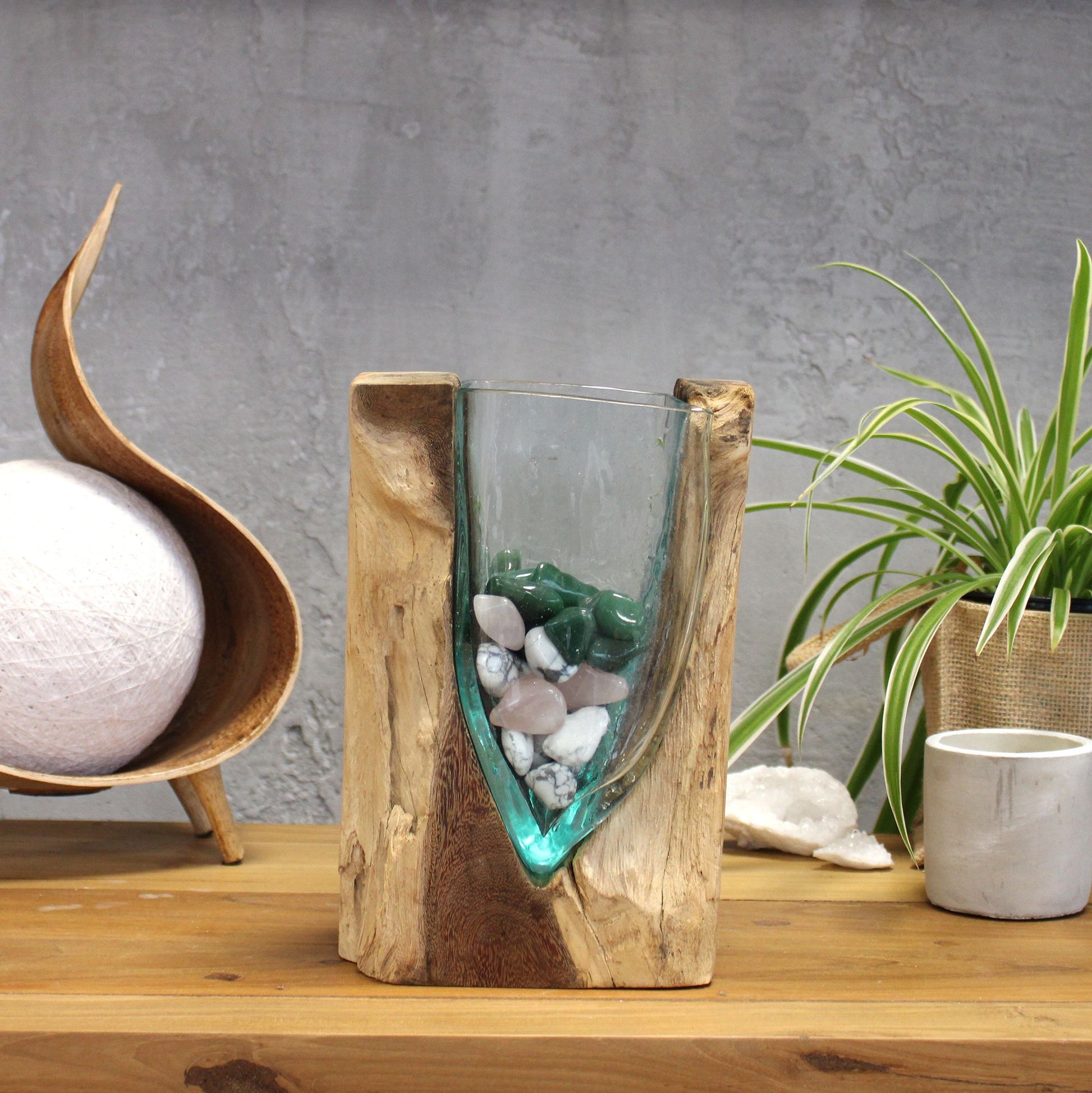 Molten Glass V-Shaped Art Vase on Wood | Flow, Form & Elemental Harmony | 4