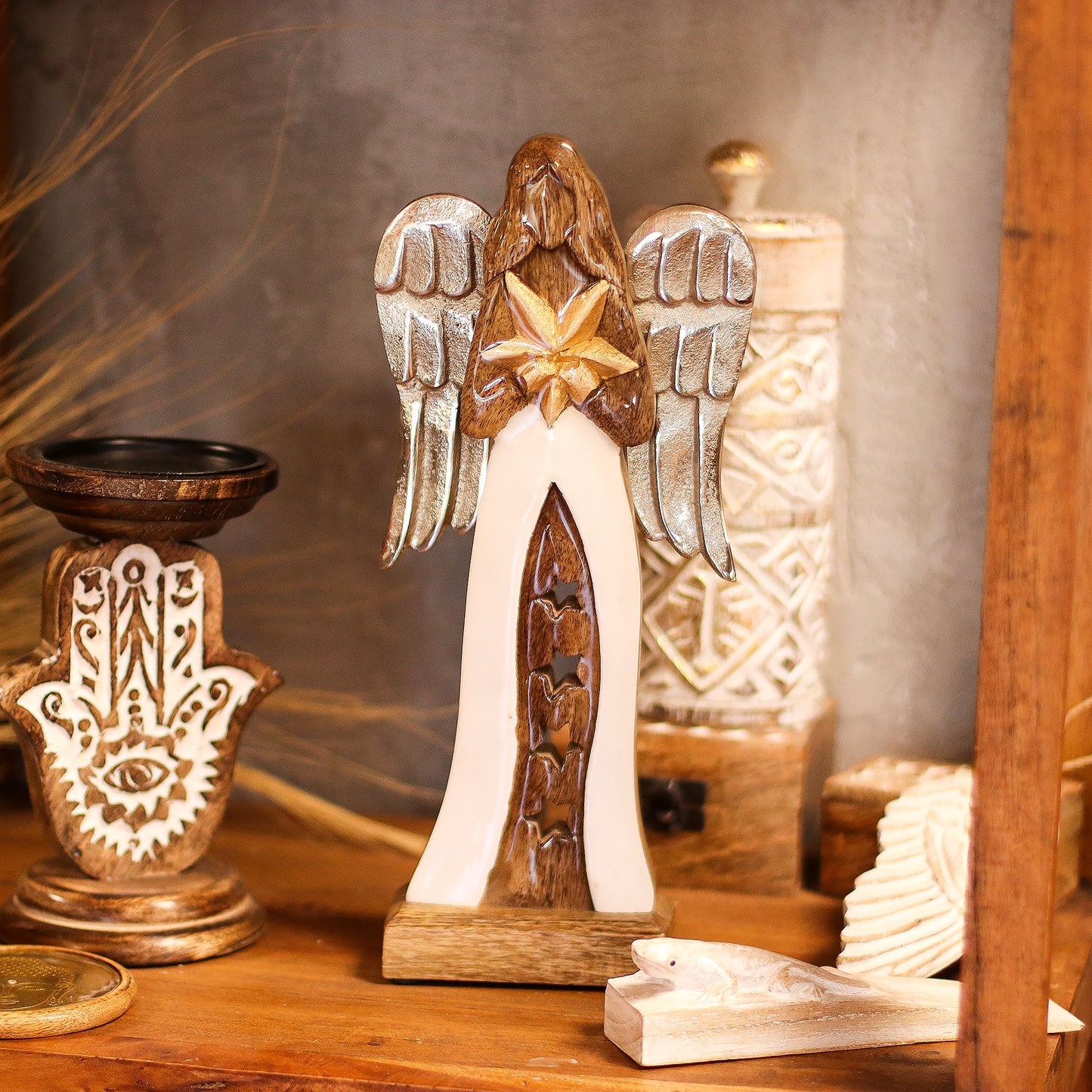 Large Mango Wood Star Angel | Hope & Light | 1