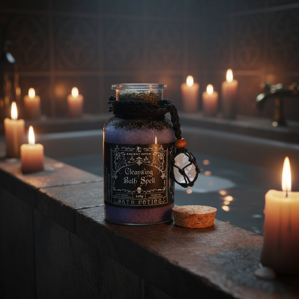 Cleansing ritual bath potion in glass apothecary bottle with layered salts, herbs and a rock crystal amulet on black cord.
