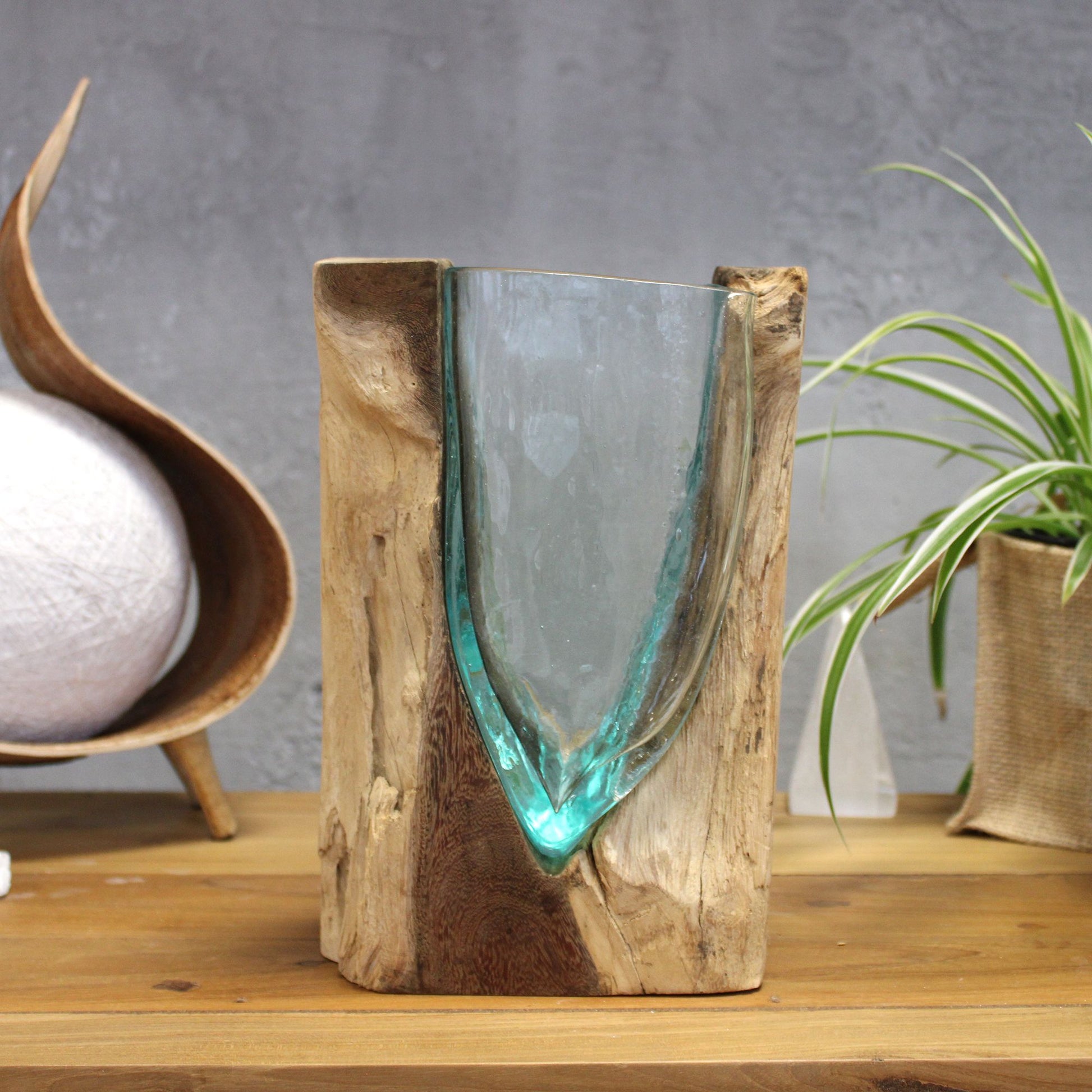 Molten Glass V-Shaped Art Vase on Wood | Flow, Form & Elemental Harmony | 1
