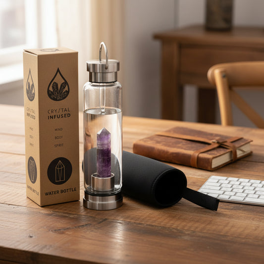 Crystal Infused Glass Water Bottle from Rise & Sage – Relaxing Amethyst, Obelisk