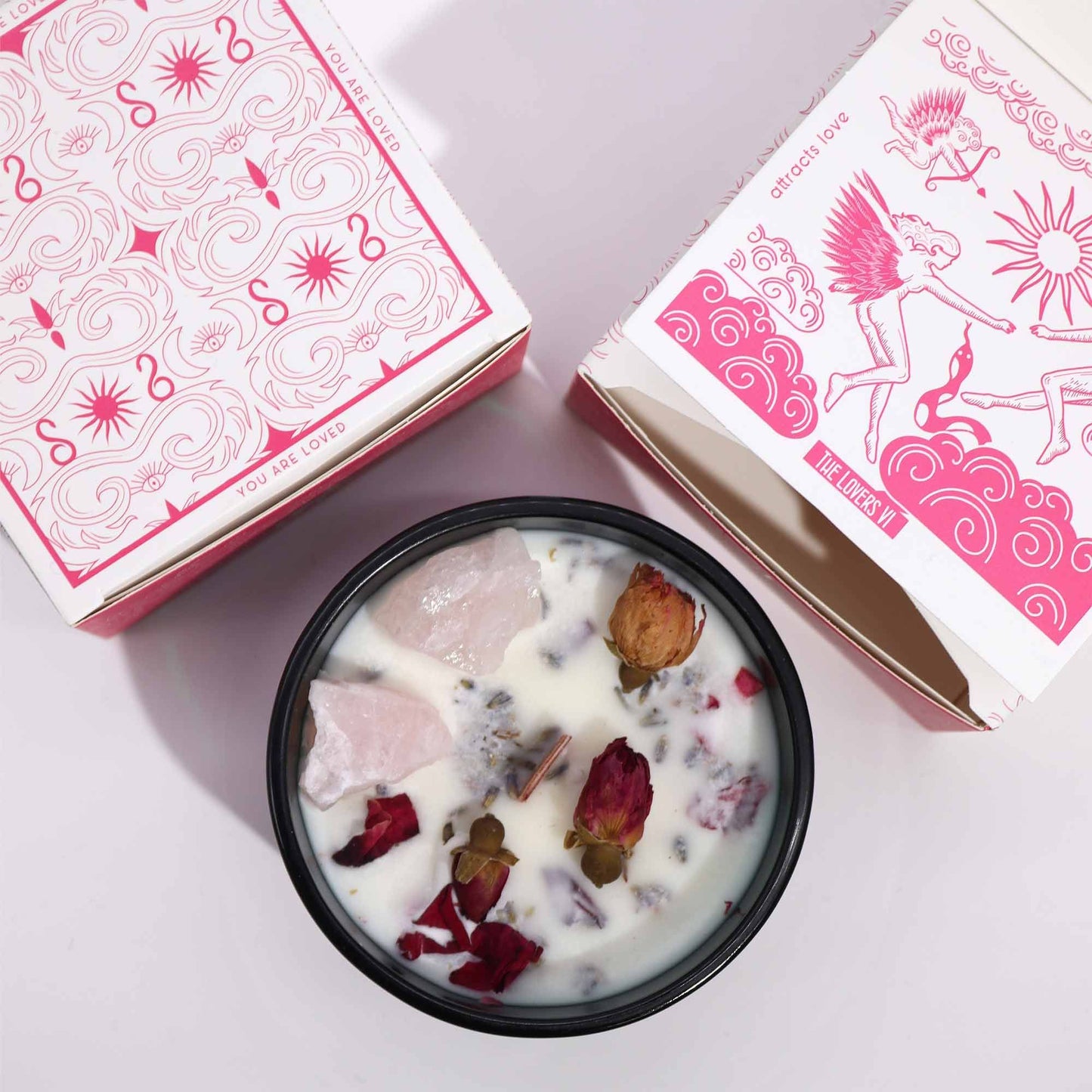 Hop Hare Crystal Magic Flower Candle – The Lovers | Rose Quartz & Rose Meadow | 4