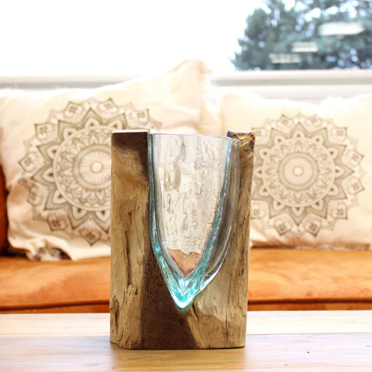 Molten Glass V-Shaped Art Vase on Wood | Flow, Form & Elemental Harmony | 2