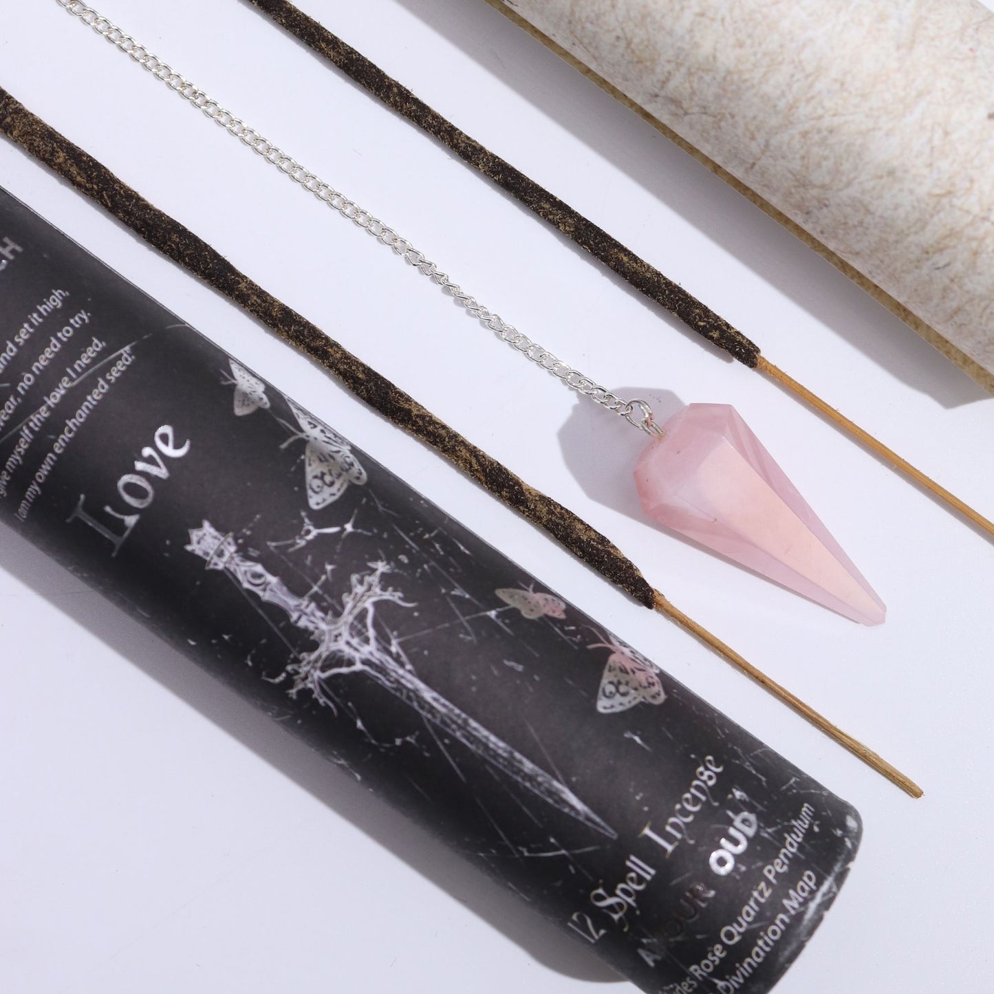 Love Spell Incense with Rose Quartz Pendulum from Rise & Sage – Heart Energy, Intuition & Gentle Ritual