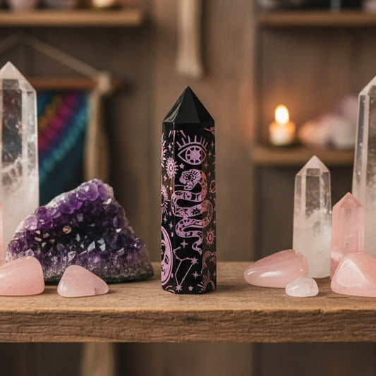 Black Obsidian Point with Rose Celestial Design | Protection & Grace | 4