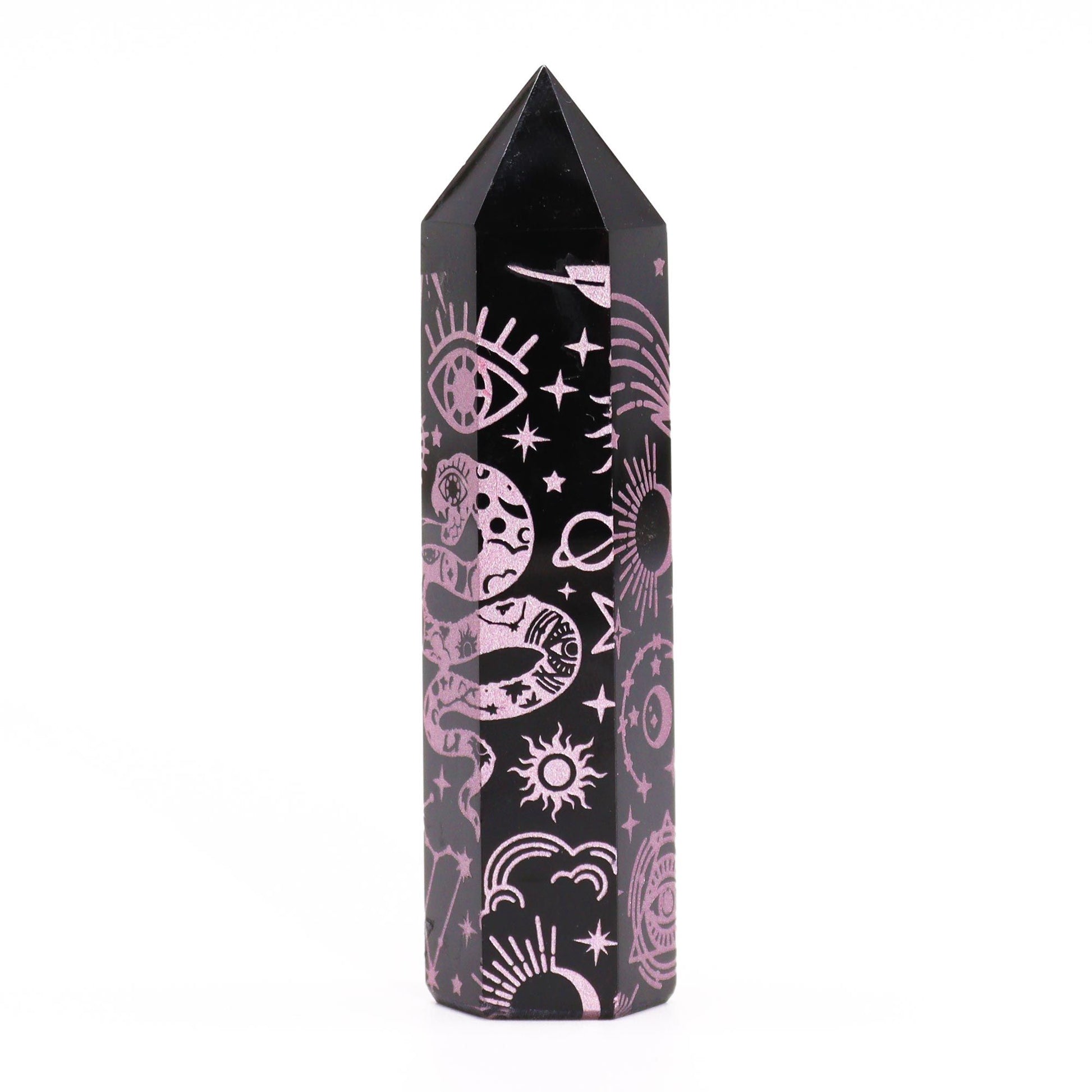 Black Obsidian Point with Rose Celestial Design | Protection & Grace | 5