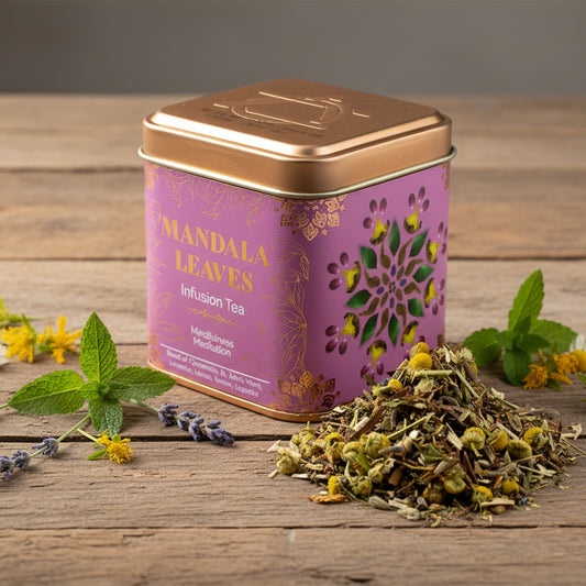 Mandala Leaves tea tin with loose tea leaves on a white background