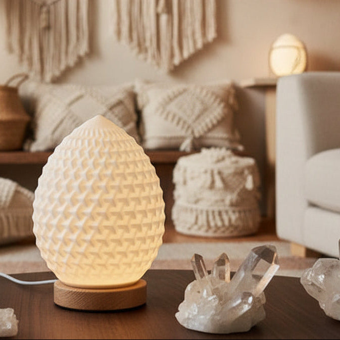 USB Teardrop New Wave Lamp on wooden base in a calm interior setting