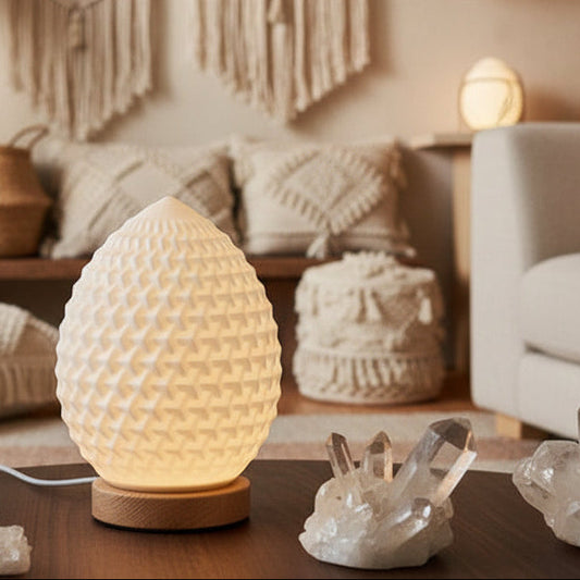 USB Teardrop New Wave Lamp on wooden base in a calm interior setting