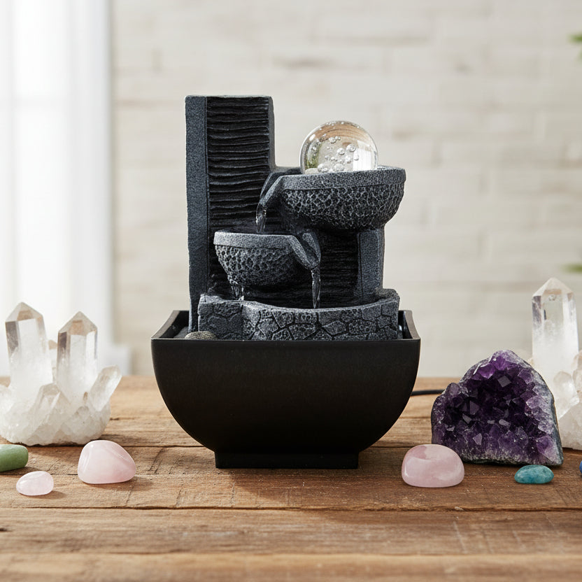 Pouring pots tabletop water fountain with cascading water and LED lighting for calming home decor and meditation spaces