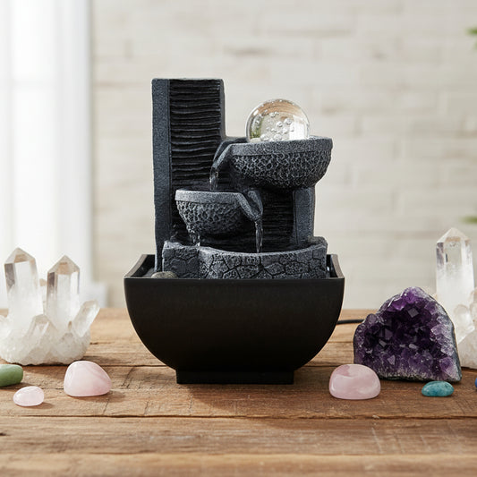 Pouring pots tabletop water fountain with cascading water and LED lighting for calming home decor and meditation spaces