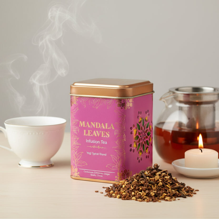 Tin of Rise & Sage Yogi Spice Blend herbal tea with soft pink label and gold detailing, featuring warming spices cinnamon, ginger, cardamom and cloves, styled for a cosy mindful ritual.