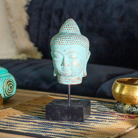 Stillness Buddha Head on Stand – Green Copper | Serenity, Wisdom & Timeless Balance | 1