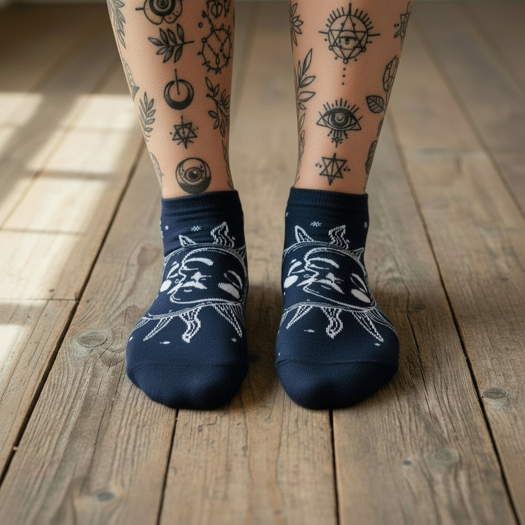 Low cut bamboo socks in sun and moon design, UK size 3.5 to 6.5, soft breathable fabric.