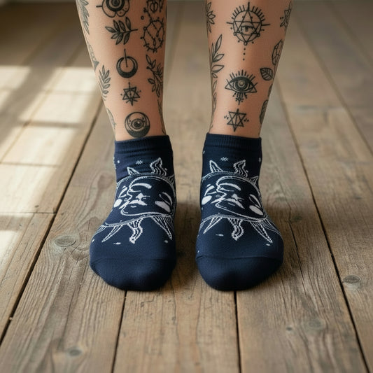 Low cut bamboo socks in sun and moon design, UK size 3.5 to 6.5, soft breathable fabric.