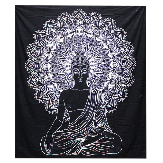 Black & White Double Cotton Bedspread + Wall Hanging – Buddha | Peace, Reflection & Artisan Craft | 1