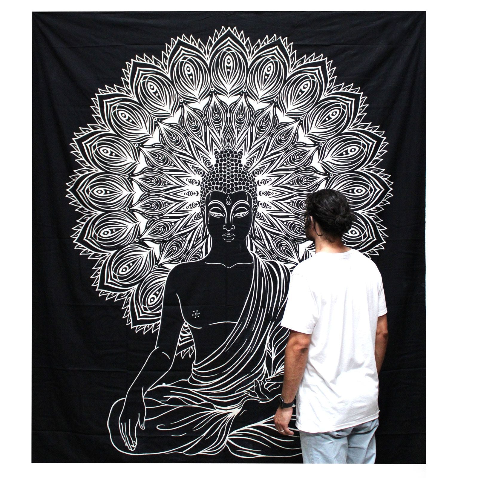 Black & White Double Cotton Bedspread + Wall Hanging – Buddha | Peace, Reflection & Artisan Craft | 2