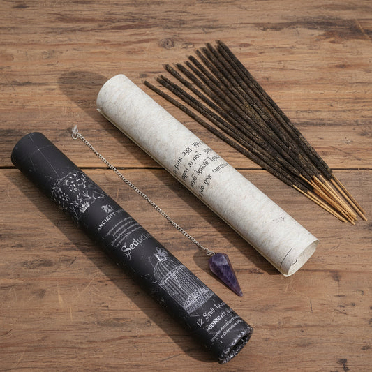 Seduction spell incense set with Midnight Oud sticks, amethyst pendulum and divination map inside printed tube.
