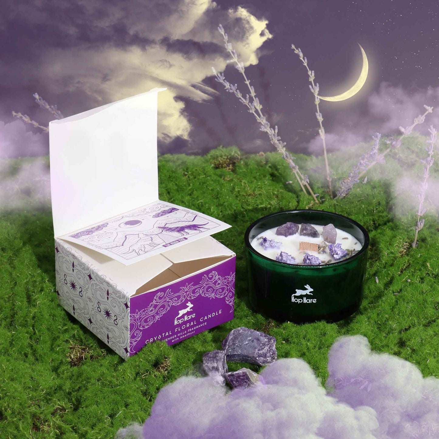 Hop Hare Crystal Magic Flower Candle – The Moon | Amethyst & Lavender Hills | 2