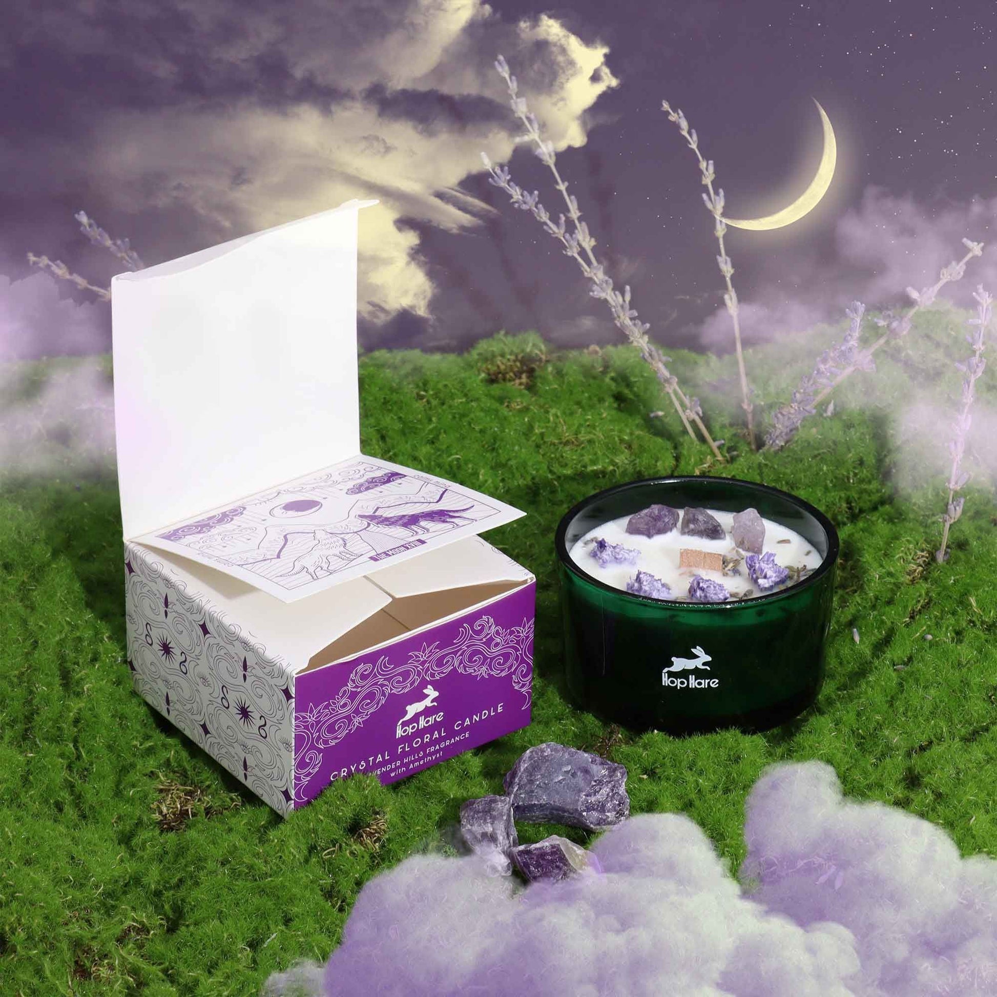 Hop Hare Crystal Magic Flower Candle – The Moon | Amethyst & Lavender Hills | 2