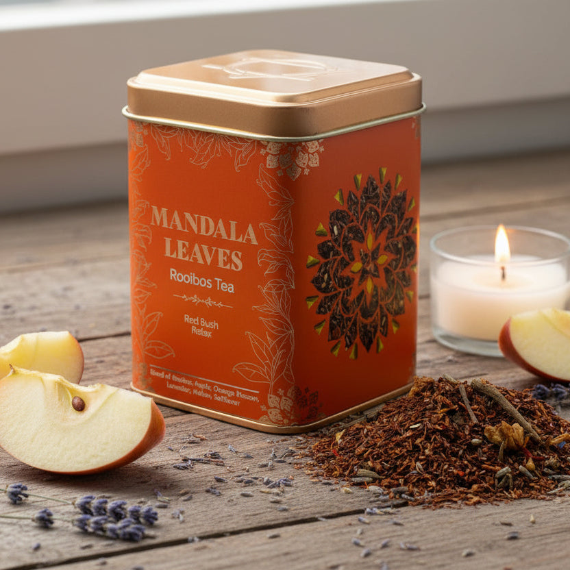 Tin of Rise & Sage Red Bush Relax Tea with warm orange and gold label, featuring rooibos leaves, apple pieces, lavender, orange blossom, mallow and valerian root, styled in a calming evening ritual scene.