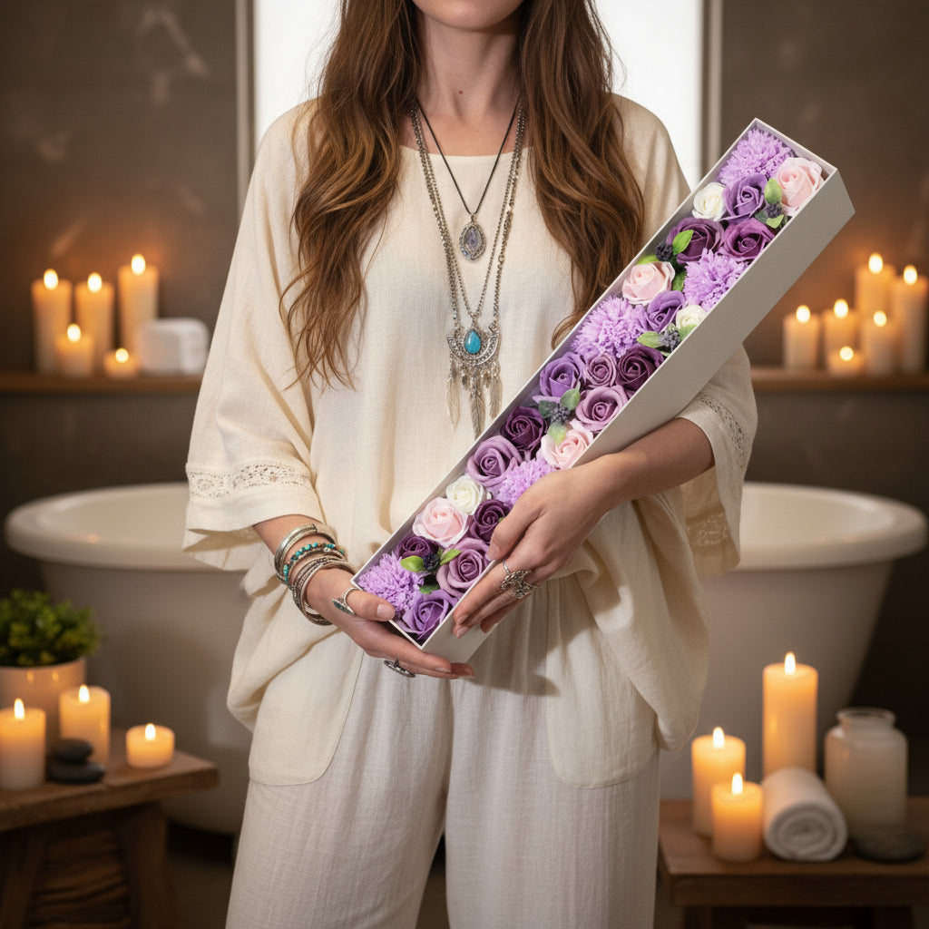Extra Long Soap Flower Gift Box – Lavender, Rose & Carnation | Gift of Calm & Beauty | 1