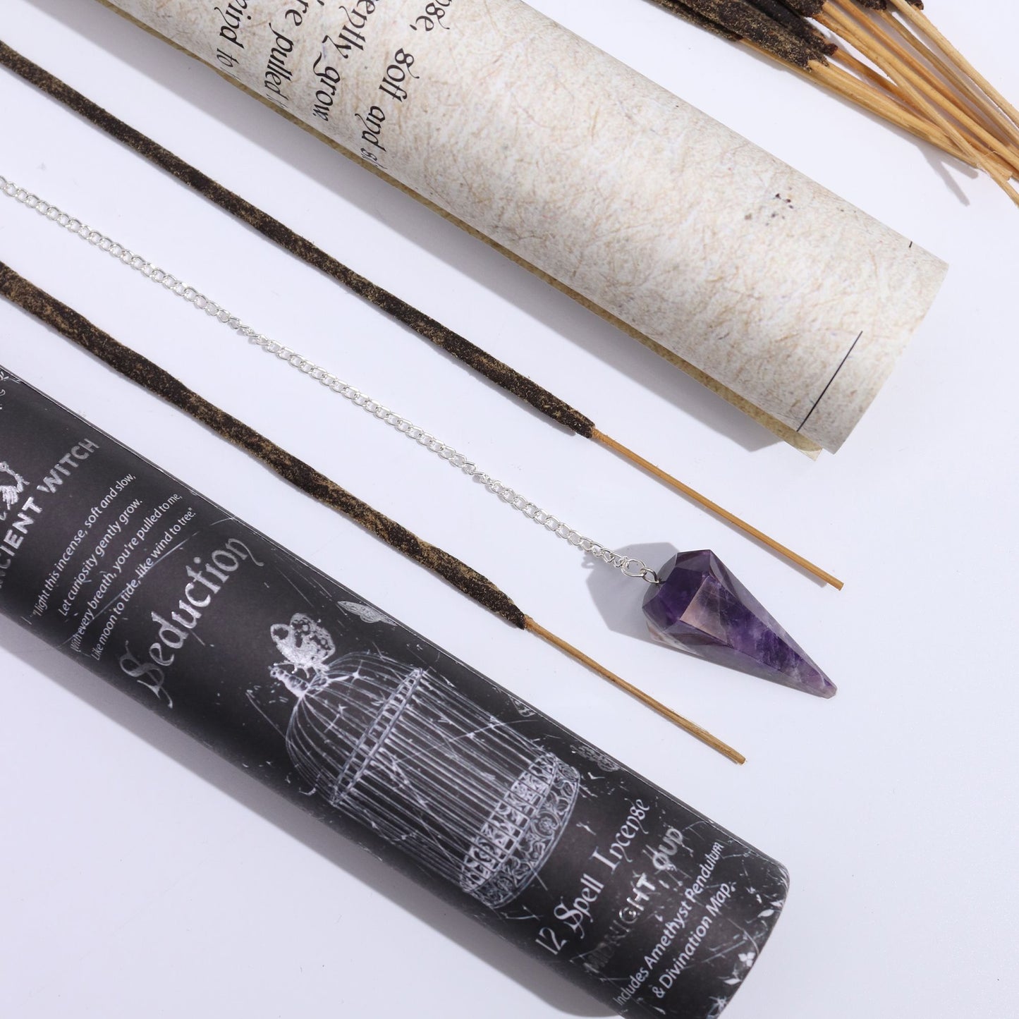 Seduction Spell Incense with Amethyst Pendulum | Mystery, Attraction and Soft Intuition