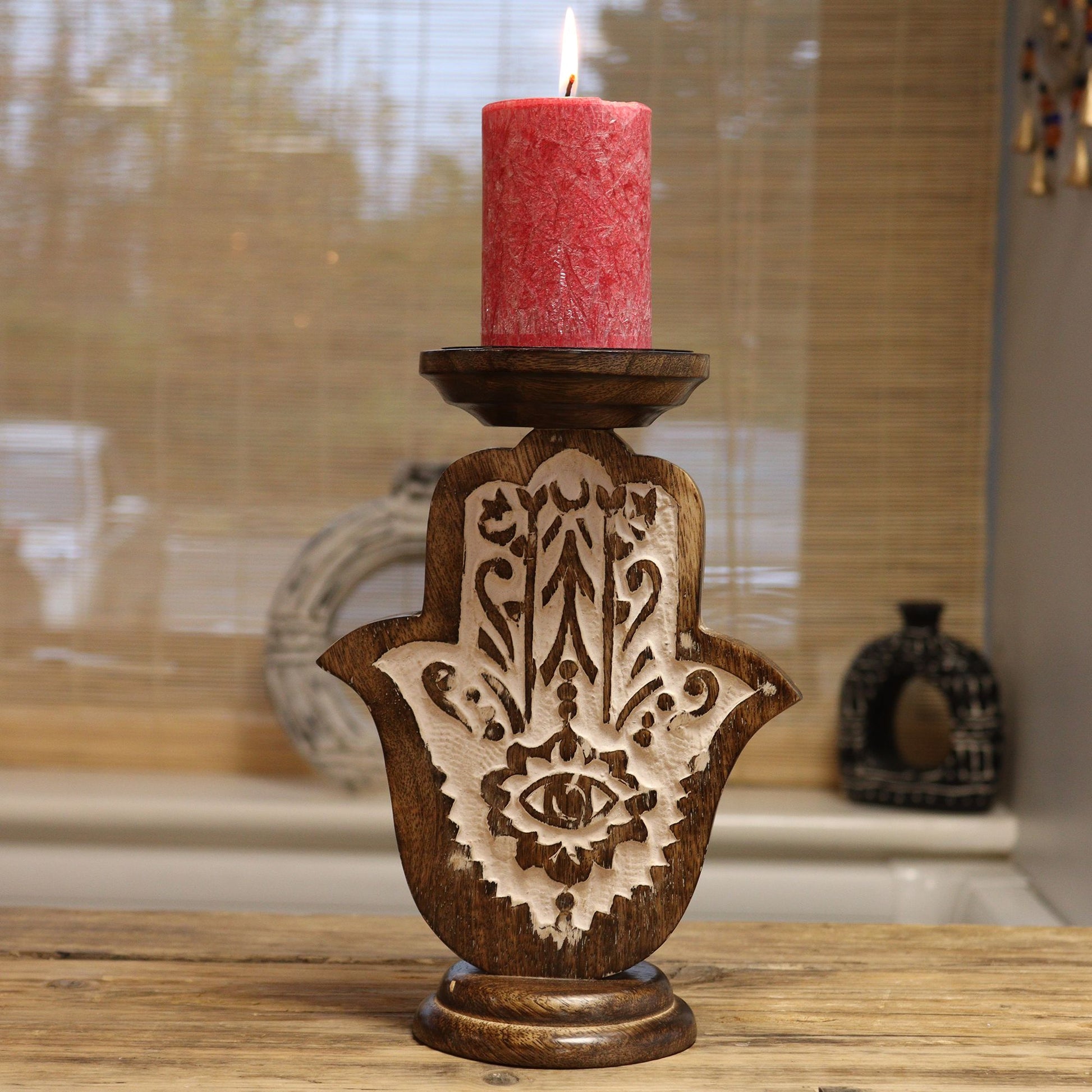 Mango Wood Candle Stand – Hamsa | Protection, Light & Sacred Craft | 1